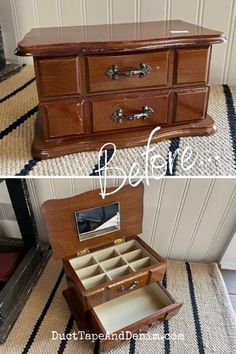 before and after photos of an old dresser turned into a jewelry box with drawers in it