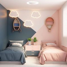 two beds in a room with pink, blue and white walls that have clouds painted on them