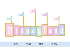 the disneyland land logo is shown in pink, blue and yellow with flags on it