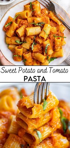 two pictures with different types of pasta on them and the words sweet potato and tomato pasta