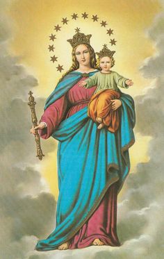 the virgin mary holding a baby jesus in her arms with stars around her neck and shoulders