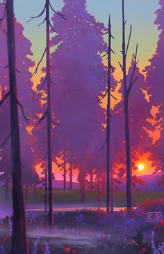 a painting of trees and flowers at sunset