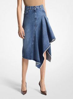 Imbued with an architectural edge, this denim skirt features asymmetrical, cascading ruffles that descend to a flattering knee-grazing length. Italian-made, this skirt is crafted from organic cotton for an effortless drape and soft handle. Wear it with a leather belt to further define the high-rise waist. Cascade Skirt, Denim Wrap Skirt, Cascading Ruffles, Upcycle Jeans, Michael Kors Collection, Upcycle Clothes, Style Icon, Leather Belt, Denim Skirt