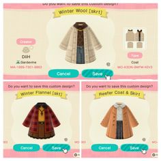 four different types of clothes for the animal crossing game, which includes two coats and one coat