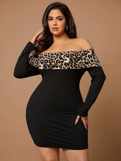 Plus Size Women's Long Sleeve Elegant Sister's Date Night Backless Patchwork Leopard Print Off Shoulder Exposed Shoulder Sexy Stretchy Knit Mini Dress, Autumn/Winter Black Elegant  Long Sleeve Knitted Fabric Colorblock,Leopard Print,Textured Pattern Bodycon Medium Stretch  Women Plus Clothing, size features are:Bust: ,Length: ,Sleeve Length: Smocked Skirt, Grey Colour Suit, Bodycon Dress Parties, Knit Mini Dress, Inspiration Mode, Bodycon Mini Dress, Long Sleeve Knit, Dress With Boots, Plus Clothing