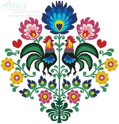 a cross stitch pattern with flowers and roosters on it's side, in the middle