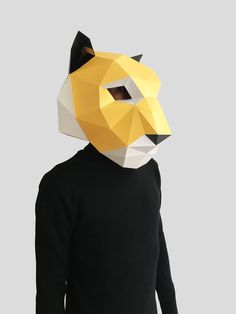 a person wearing a paper mask with a cat's head