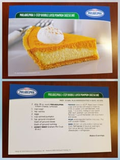 a piece of cake sitting on top of a table next to a card with information about it