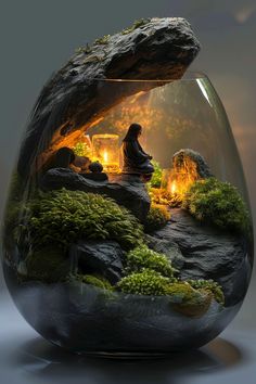 a glass vase filled with moss and rocks