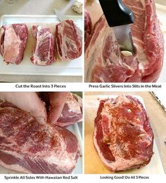 four pictures showing how to cut the meat