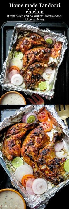 two pans filled with chicken and vegetables covered in tin foil on top of a table