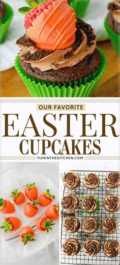 an easter cupcake with chocolate frosting and fresh strawberries on top is featured in the magazine our favorite easter cupcakes