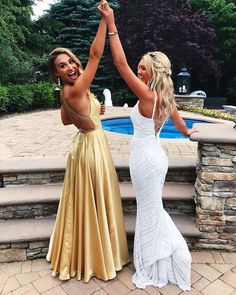 SP1978,Gold Prom Dress Satin Cross Back Evening Dresses Long Prom Dresses on Storenvy Prom Picture Poses, Hoco Dresses Short Tight, Prom Photoshoot, Hoco Dresses Long Sleeve, Bloc Party, Dresses Flowy, Hoco Dresses Tight, Prom Poses, Hoco Dresses Short