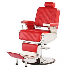 a red and chrome barber chair with foot rest