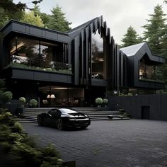 a black sports car parked in front of a modern house with stairs leading up to it