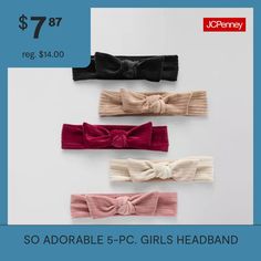 Stock up on stylish hair accessories for your girl with this So Adorable 5-pack of headbands. Crafted from a soft ribbed velour with a knotted bow, they come in assorted solid colors to mix and match with all her favorite looks. # Pieces In Set: 5Features: Multi-PackBase Material: 100% AcrylicFiber Content: 100% PolyesterFabric Description: VelourCare: Spot CleanHair Good Type: Head BandsCountry of Origin: Imported Girls Headband, Your Girl, So Adorable, Stylish Hair, Girls Headbands, Hair Accessories Headbands, Baby Headbands, Solid Colors, Hair Accessories