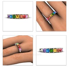 Show your pride with a rainbow of natural multicolored Sapphires set in your choice of 14K White, Yellow or Rose Gold. This band is 3mm wide and has seven princess cut square fancy Sapphires, 1.5cts total weight. There is some slight color variation in natural gemstones, so each rainbow will be uniquely gorgeous. Made to order. Please allow three to four weeks for delivery. CUSTOM OPTIONS I can also make a channel set band or eternity ring with these stones. I also offer round cut and emerald cu Rainbow Multi-stone Wedding Jewelry, Rainbow Multi-stone Jewelry For Wedding, Rainbow Accent Stones Jewelry For Wedding, Gay Rings, Lemon Quartz Ring, Pride Lesbian, Fancy Sapphire, Rainbow Ring, Saphir Ring