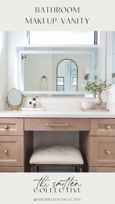 Bathroom Vanity Ideas For Makeup, Makeup Nook Bathroom, Bathroom Vanity With Chair Space, Primary Bathroom Makeup Vanity, Makeup Station In Bathroom, Bathroom Vanity Makeup Station, Bathroom Makeup Vanity Ideas, Bathroom Makeup Vanity