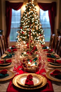 15 Elegant Christmas Table Settings For Stunning Holiday Dining (Simple) Christmas Dinner Table With Food, Christmas Elegant Decor, Christmas Decor Ideas Lights, Christmas Festival Ideas, Christmas Party Decorations Elegant, Xmas Table Settings, Christmas Event Ideas, Elegant Christmas Table Settings, Christmas Inn