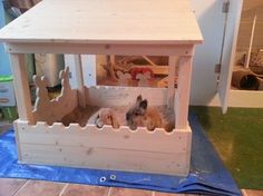 a dog in a wooden kennel on the floor