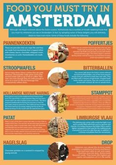 the food you must try in amsterdam info poster with different types of food on it