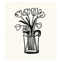 a black and white drawing of flowers in a vase