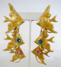 Signed Lunch at the Ritz Yellow Painted Enamel Angelfish Earrings *Collection Lunch At The Ritz Earrings, Vintage Enamel Drop Earrings, Vintage Hand Painted Enamel Earrings, Vintage Green Enamel Earrings, Green Enamel Vintage Earrings, Angel Fish, Yellow Painting, Pink Beads, Cuckoo Clock