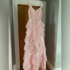 This Is A Size 4 Pink Off The Shoulder Dress With A Thigh High Slit On The Left, Has Silver Designs All Over. Never Worn. Pink Winter Formal Dress, Pastel Pink Hoco Dress, Sparkly Pink Dresses, Pink 90s Prom Dress, Pink Homecoming Dress Long, Pink Glitter Prom Dress, Fairy Castles, Pink Fairy Dress, Pink Hoco Dress