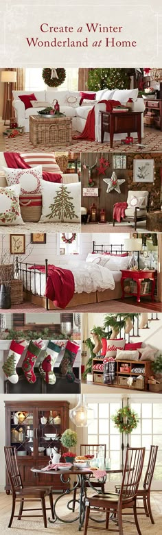 a collage of photos with christmas decorations and furniture in the foreground, including a dining room table surrounded by holiday decor