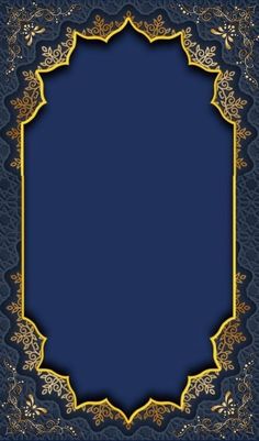 a blue and gold background with an ornate frame in the middle, on top of it