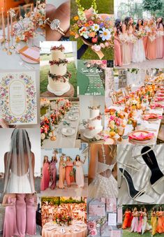 a collage of pictures with different colored dresses and flowers on them, including the bride's wedding cake