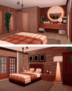 two pictures of a bedroom with brown walls and wood flooring, one has a large bed and the other has a mirror on the wall