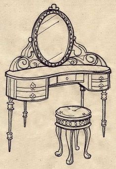 a drawing of a dressing table with a stool and mirror on it's top