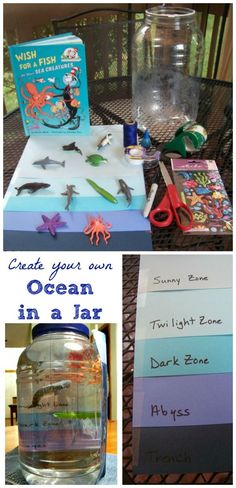 the ocean in a jar is shown with cards and other things to make it look like they