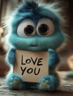 a blue furry animal holding a sign that says love you