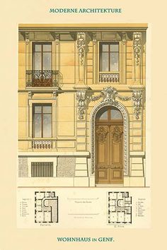 an architectural drawing of the front and side of a building with two balconies