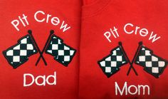 two red shirts with black and white checkered flags on them that say, pit crew, dad, mom