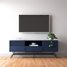 an entertainment center with a television mounted on the wall and a potted plant in front of it