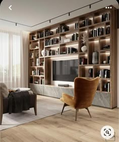 a living room filled with lots of furniture and bookshelves