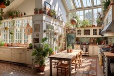 a kitchen filled with lots of potted plants next to a table and stove top oven