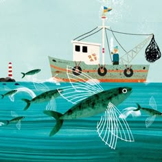 an image of fish in the ocean with a fishing boat and lighthouses behind them