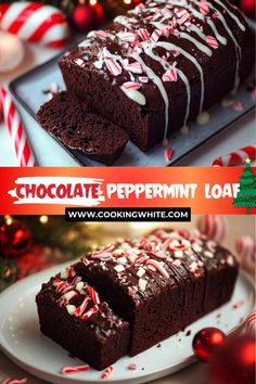 chocolate peppermint loaf on a plate with candy canes