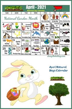 an easter calendar for the national garden month, with pictures of rabbits and trees on it