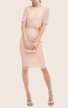 MACloth Two Piece Lace Pink Cocktail Dress Short Sleeves Midi Formal Gown Tea Length Cocktail Dresses, Tea Length Prom Dress, Cocktail Dress Short, Chiffon Cocktail Dress, Pink Cocktail, Red Homecoming Dresses, Dress Short Sleeves, Satin Cocktail Dress, Pink Cocktail Dress