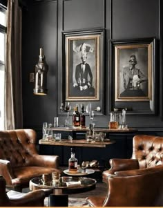 a living room filled with leather furniture and pictures on the wall above it's windows