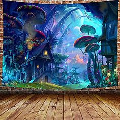 a wall hanging tapestry with an image of mushrooms and houses in the forest at night