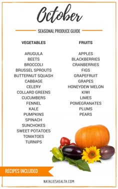 an orange and white poster with the words october written in black on it, surrounded by vegetables