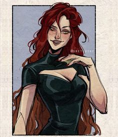 a drawing of a woman with red hair and green eyes, wearing a black dress