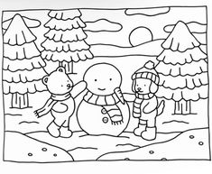 a black and white drawing of two children playing with a snowman in the woods