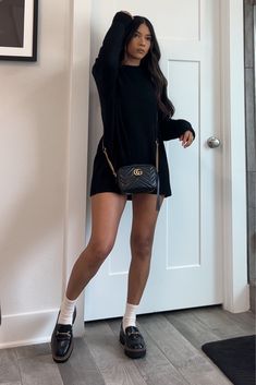 Loafers Outfit With Dress, How To Style With Loafers, Black Dress Loafers Outfit, Black Women Loafers Outfit, Winter Outfits With Loafers, Loafers With Dress Outfits, Black Loafers Outfit Summer, Outfits With Black Loafers, Loafers Style Outfit